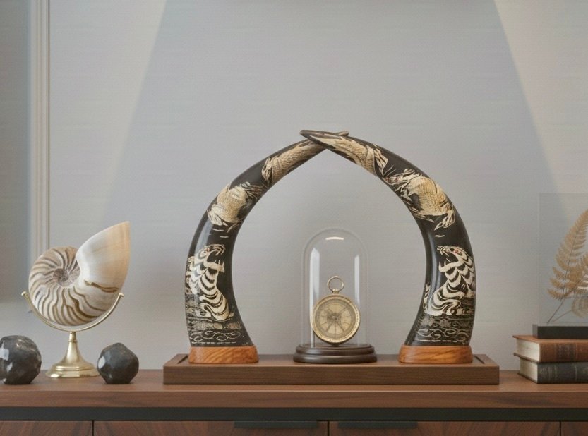 Γλυπτό, Pair of Carved Buffalo Horns - 39 cm - Κέρατα Βούβαλου #1.0