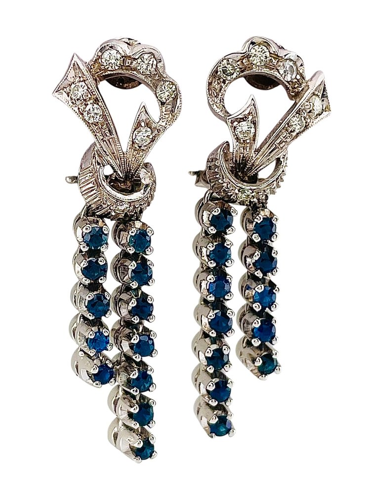 耳環 - 18 克拉 白金 鉆石 (天然) - 藍寶石 #3.2