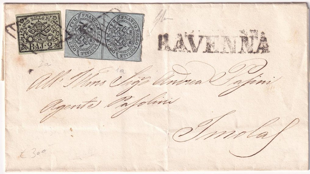 Αρχαία ιταλικά κράτη - Παπικό κράτος 1852 - 1/2 β. ζευγάρι + 2 β. Sass 1+3 καλά περιθωριοποιημένα σε σόβερ από Ravenna προς Imola Spl #1.0