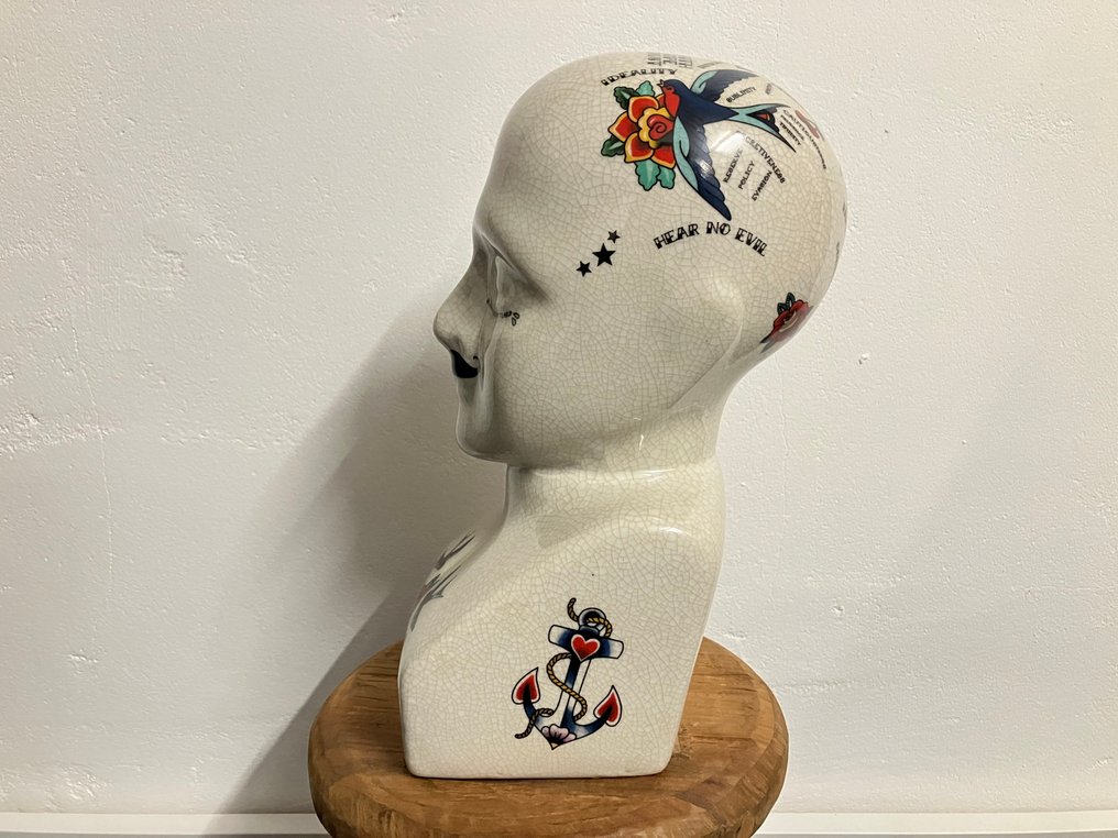 Γλυπτό, Phrenology hoofd tattoo variant. - 28.5 cm - Ραγισμένη πορσελάνη. #3.2