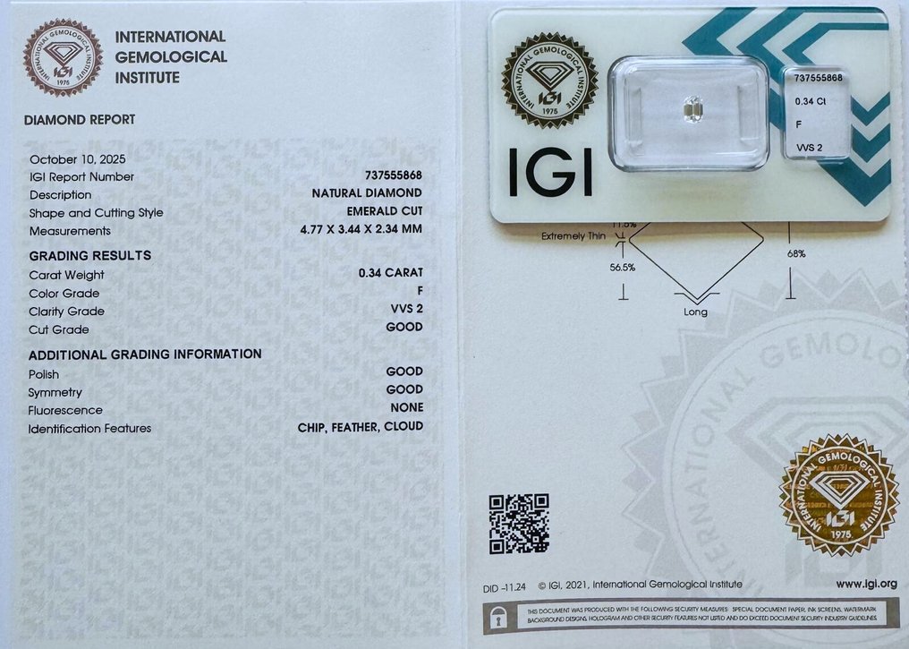 No Reserve Price - 1 pcs Diamond  (Natural)  - 0.34 ct - Emerald - F - VVS2 - International Gemological Institute (IGI) #2.1