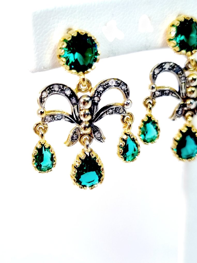 没有保留价 - 耳环 - 9 kt. 银, 玫瑰金 祖母绿 - 钻石 #4.3