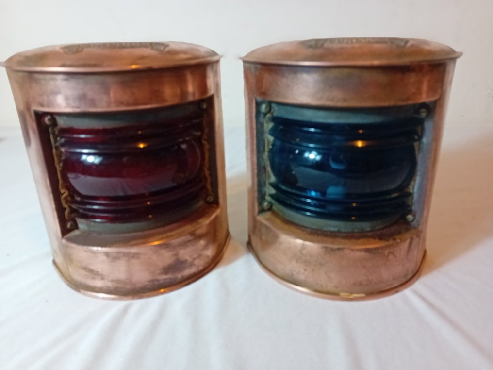 航海物件  (4) - 铜制弗林玻璃棱镜镜头，红色和绿色，柚木电气元件 #1.0