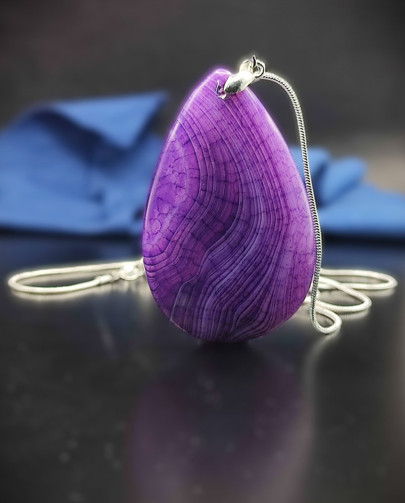 Pendentif en agate à veines de dragon bandées réactives UV, très beau, magnifique, en argent 925 - Collier avec pendentif #1.0