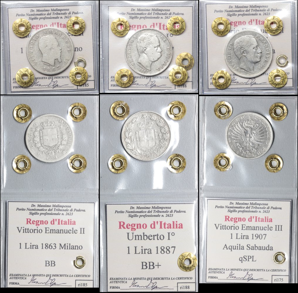 Olaszország, Királyság Vittorio Emanuele II, Umberto I, Vittorio Emanuele III. Lotto di 3 monete - 1 Lira 1863/1887/1907 (Nincs minimálár) #1.0