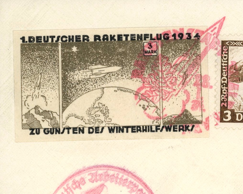 德意志帝国 1934 - 3 Mk. 火箭邮寄附瓦格纳补充邮资错误印刷贴纸 #1.0