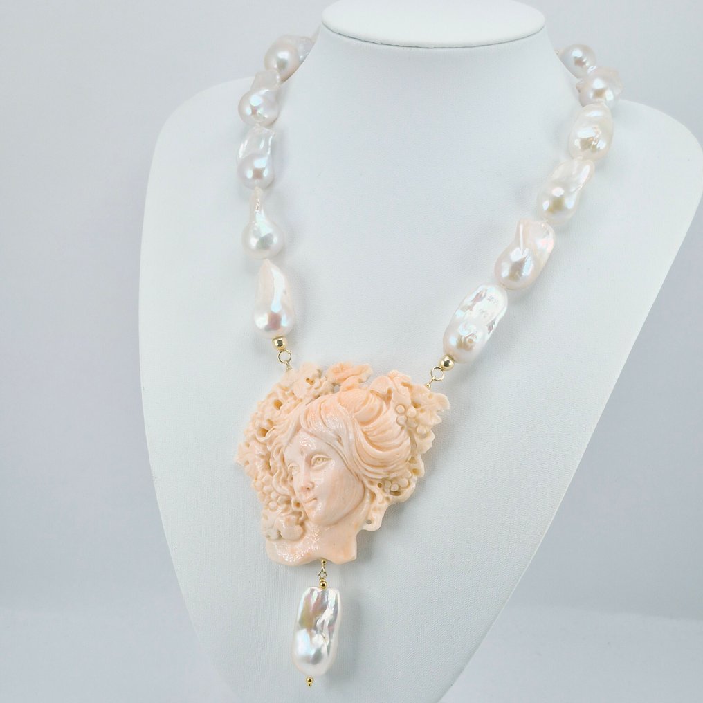 珊瑚 - 银 - 项链 - Corallo Rosa 雕刻 #2.1