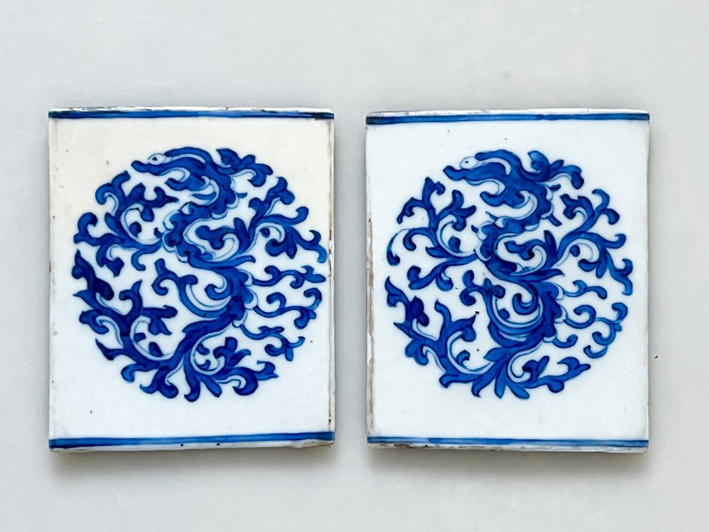 Et smukt par sjældne kinesiske blå og hvide fliser med fiskedragte. - Porcelæn - Kina - Det 19. århundrede #1.0
