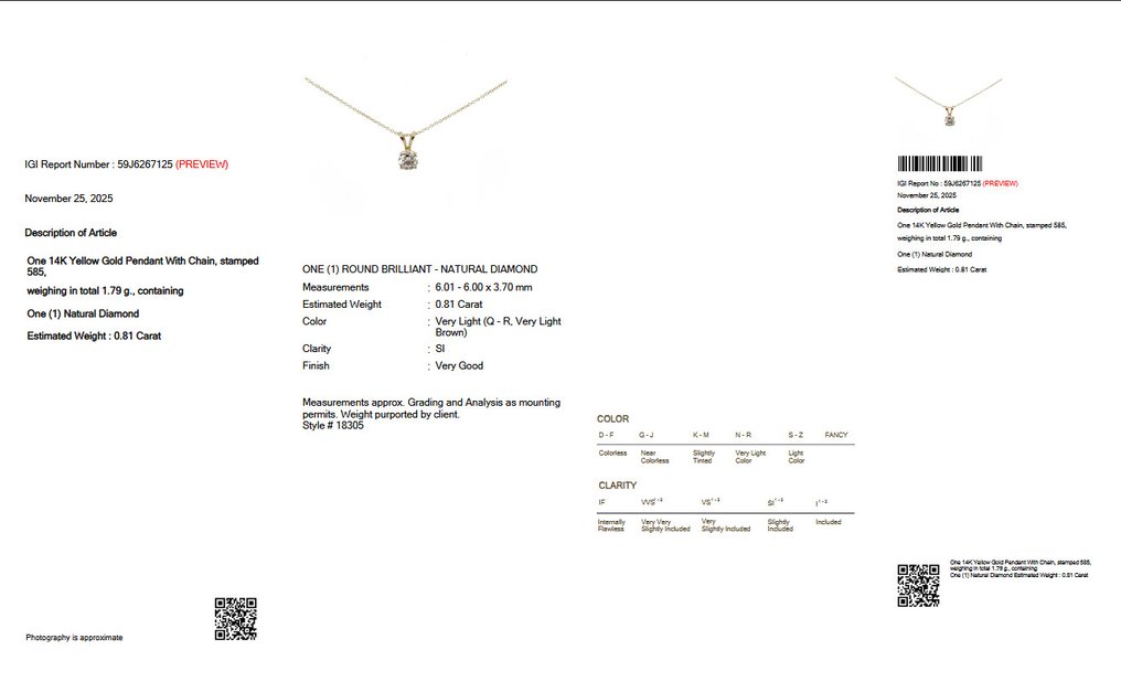 没有保留价 - 吊坠项链 - 14K包金 黄金 - 0.81ct. tw. 钻石 (天然色彩的) - IGI #2.1