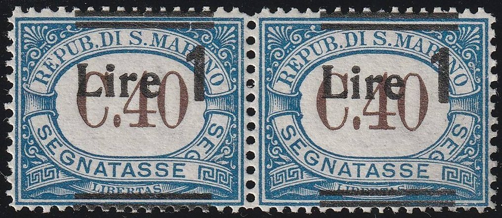 Σαν Μαρίνο 1940 - Καταγραφή 1 λίτρου σε 40 κ. μπλε Σβάρες σε άλογο, ζεύγος Sass 62c κεντραρισμένο, ολοκληρωμένο MNH** #1.0