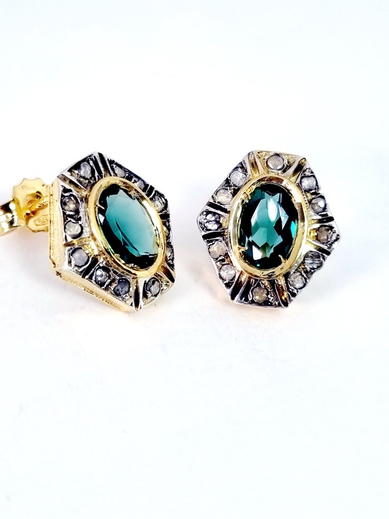 Ingen mindstepris - Øreringe - 9 kt. Sølv, Rosaguld Smaragd - Diamant #2.1