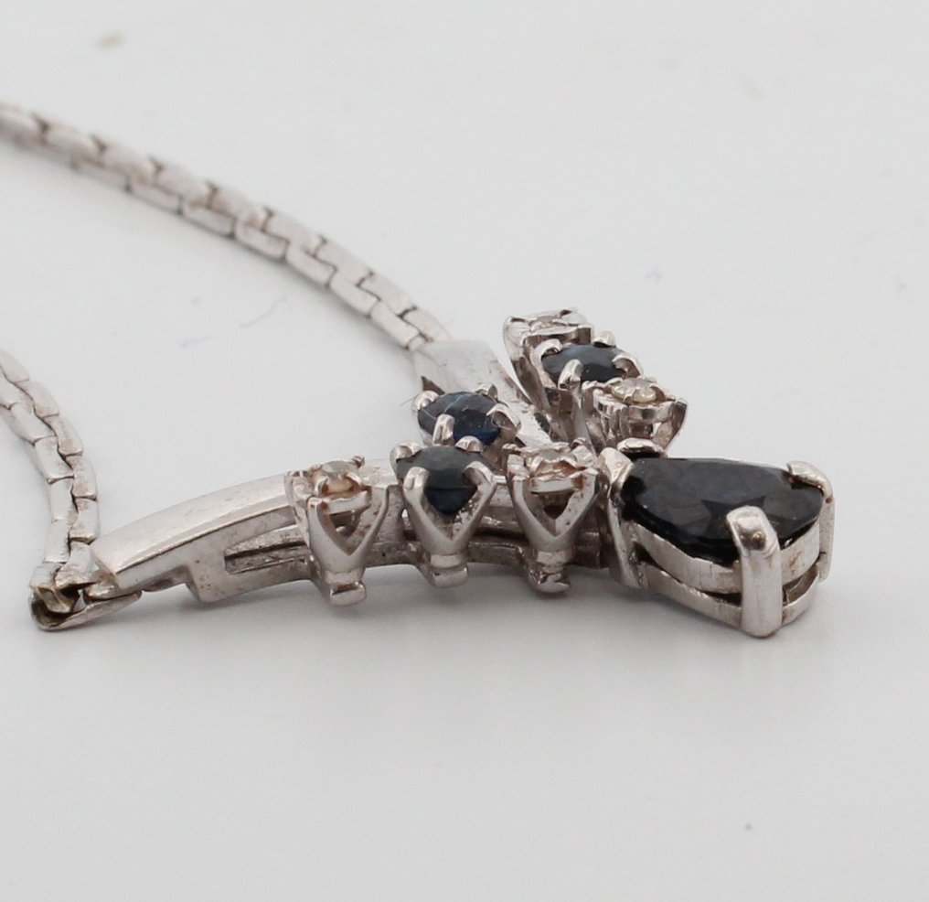 没有保留价 - 吊坠项链 - 18K包金 白金 蓝宝石 - 钻石 #4.3