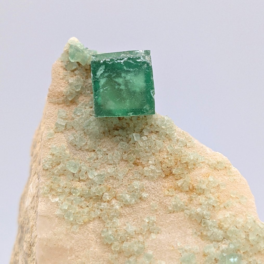 Green fluorite, gems on a clear matrix, Madagascar Crystals on matrix - Height: 77 mm - Width: 68 mm- 154 g #1.0