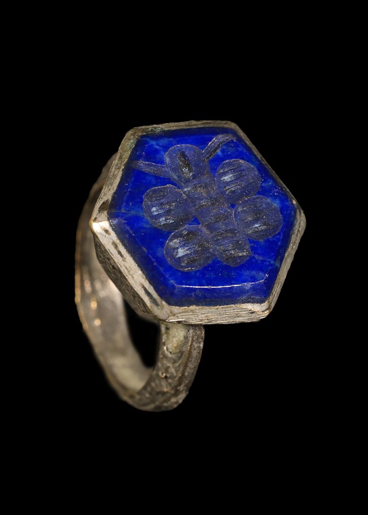 伊斯兰奥斯曼/贝都因风格 银金属 带有青金石浮雕的昆虫戒指  (没有保留价) #1.0