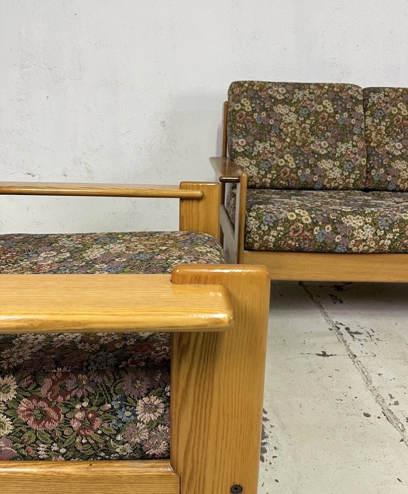 Armchair - Wood, Textile - Set of a two-seater sofa and two armchairs with a wooden structure. #4.3