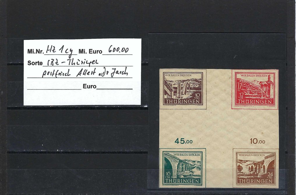 同盟国军事占领德国(苏维埃区域） 1946 - SBZ - 图林根邮政编号：112 - 115 - 5 合订本和邮资标记 1 未使用 - geprüft, Attest "Ströh" #1.0