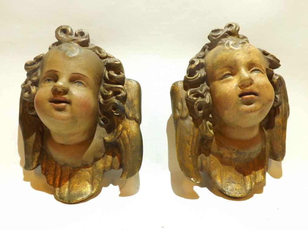 雕塑, Beautiful matching pair of antique cherub heads - 17 cm - 石膏 #1.0