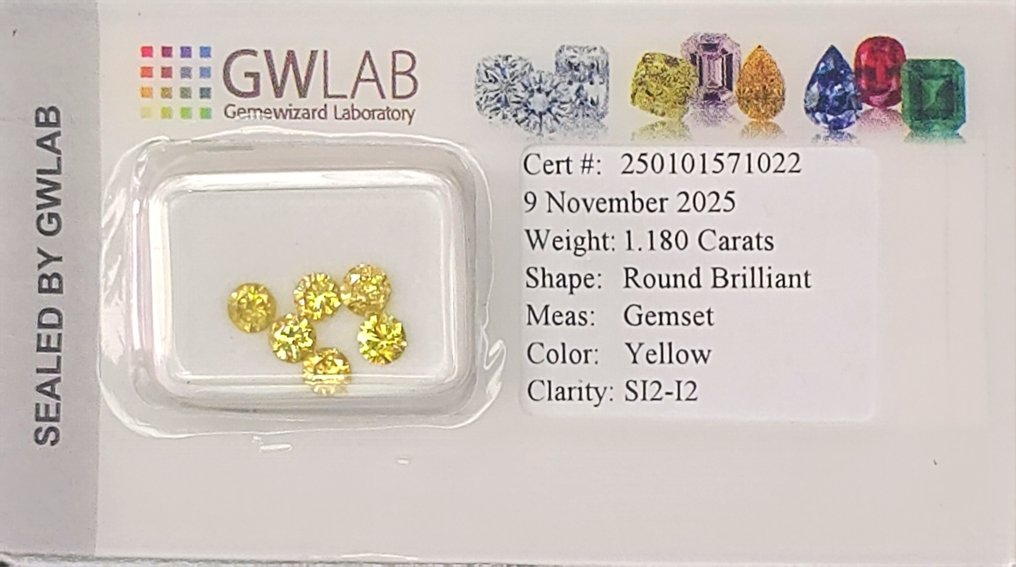 Sans prix de réserve - 6 pcs Diamant (Traitement de couleur) - 1.18 ct - Rond Jaune - I1, I2 - Gemewizard Gemological Laboratory (GWLab) #1.0