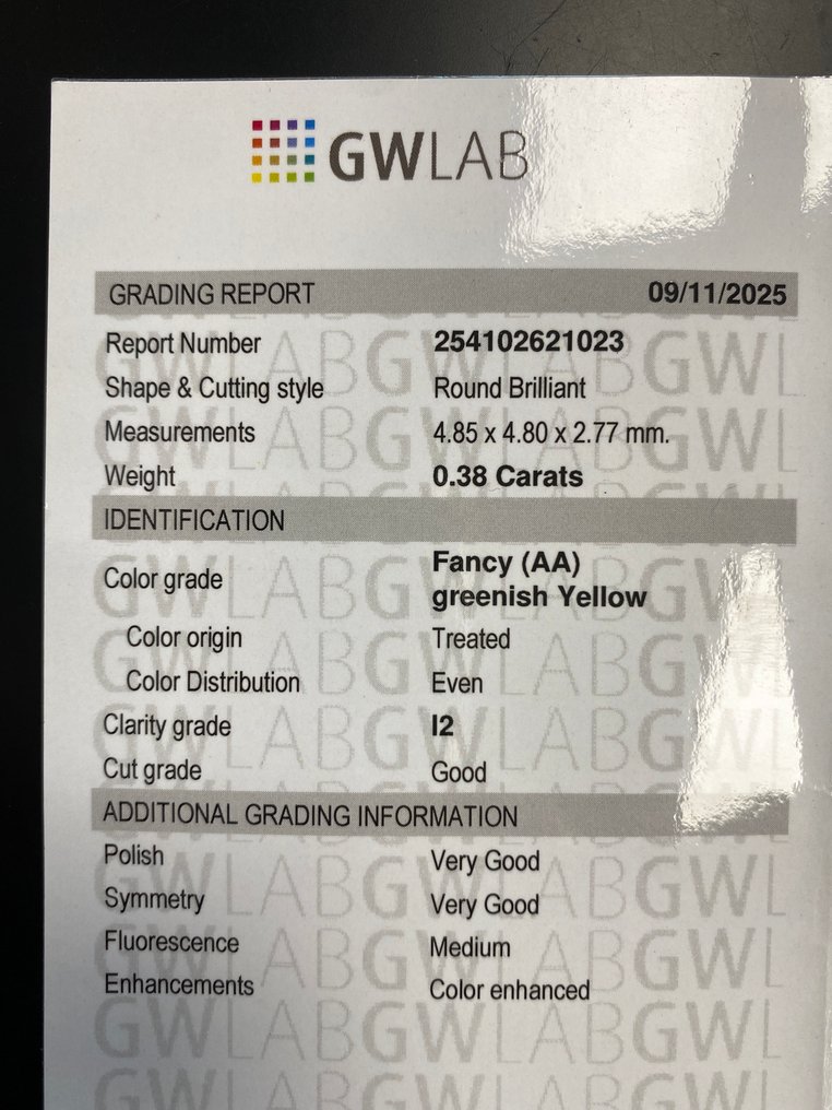 No Reserve Price - 1 pcs Diamond (Colour-treated) - 0.38 ct - Round - Fancy Greenish, Yellow - I2 - Gemewizard Gemological Laboratory (GWLab) #3.2