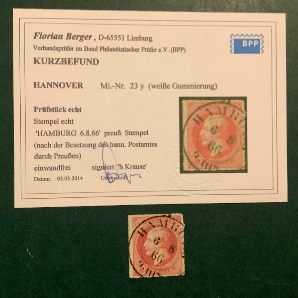 汉诺威 1866 - 1 克米特印章，来自普鲁士占领汉诺威的证据，贝尔格的报告 - Michel 23 y #1.0