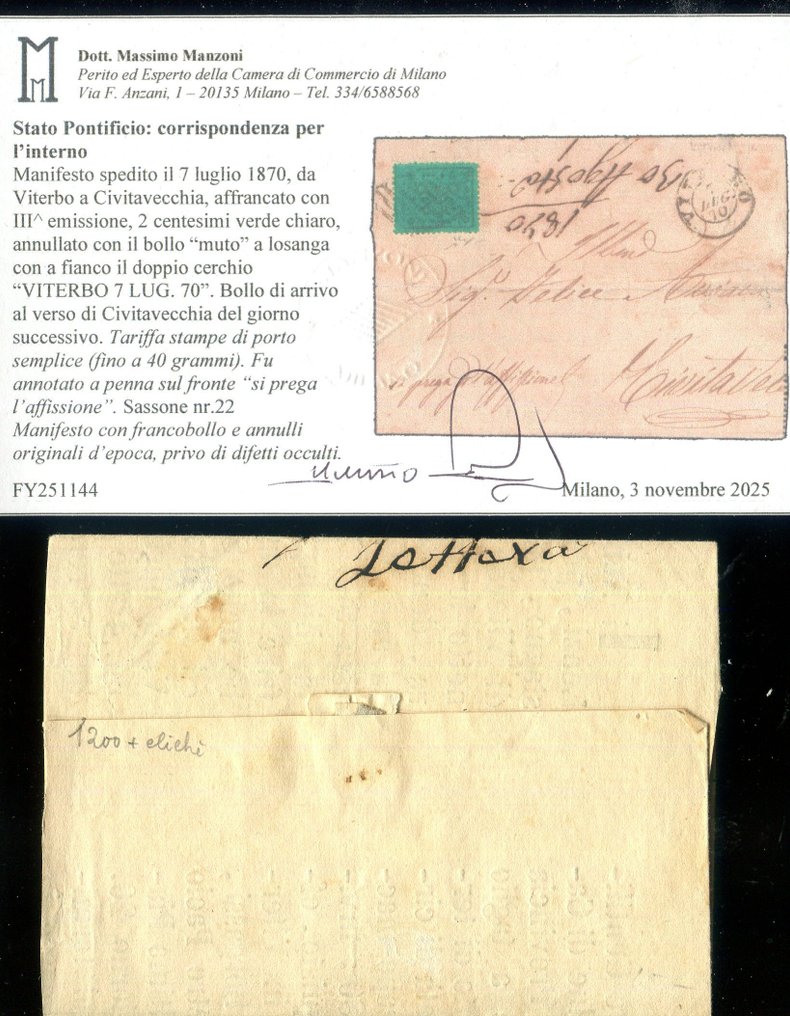 意大利古國－教宗國 1868 - 海报上的孤立锯齿状两分钱。 - Sassone 22 #1.0