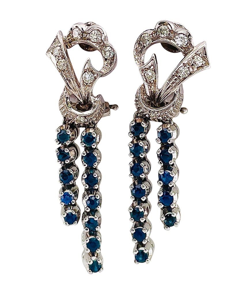 耳環 - 18 克拉 白金 鉆石 (天然) - 藍寶石 #2.1