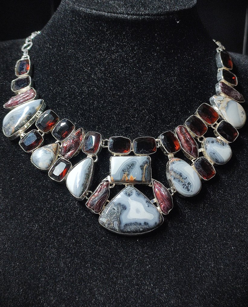 无底价 美丽的羽毛玛瑙、巴洛克珍珠与石榴石手工925银项链 - 衣领项链 #3.2