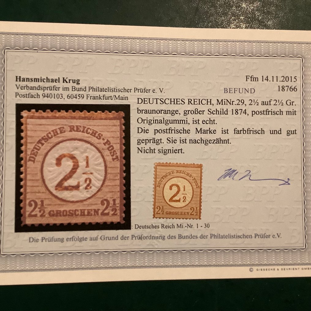 German Empire 1874 - 2.5 g large biopsy shield with Krug finding. - Michel 29 #1.0