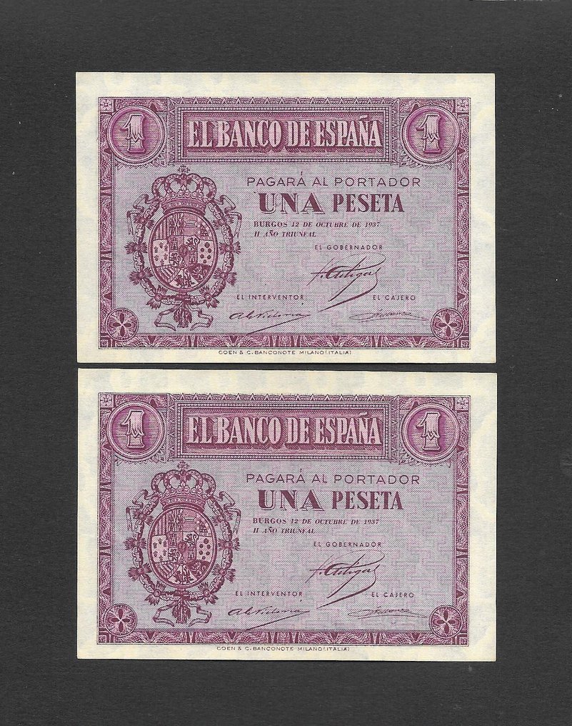 Spagna. - 4 x 1 peseta 1937 and 1940 - Pick 104 and 121 - both consecutive #1.0