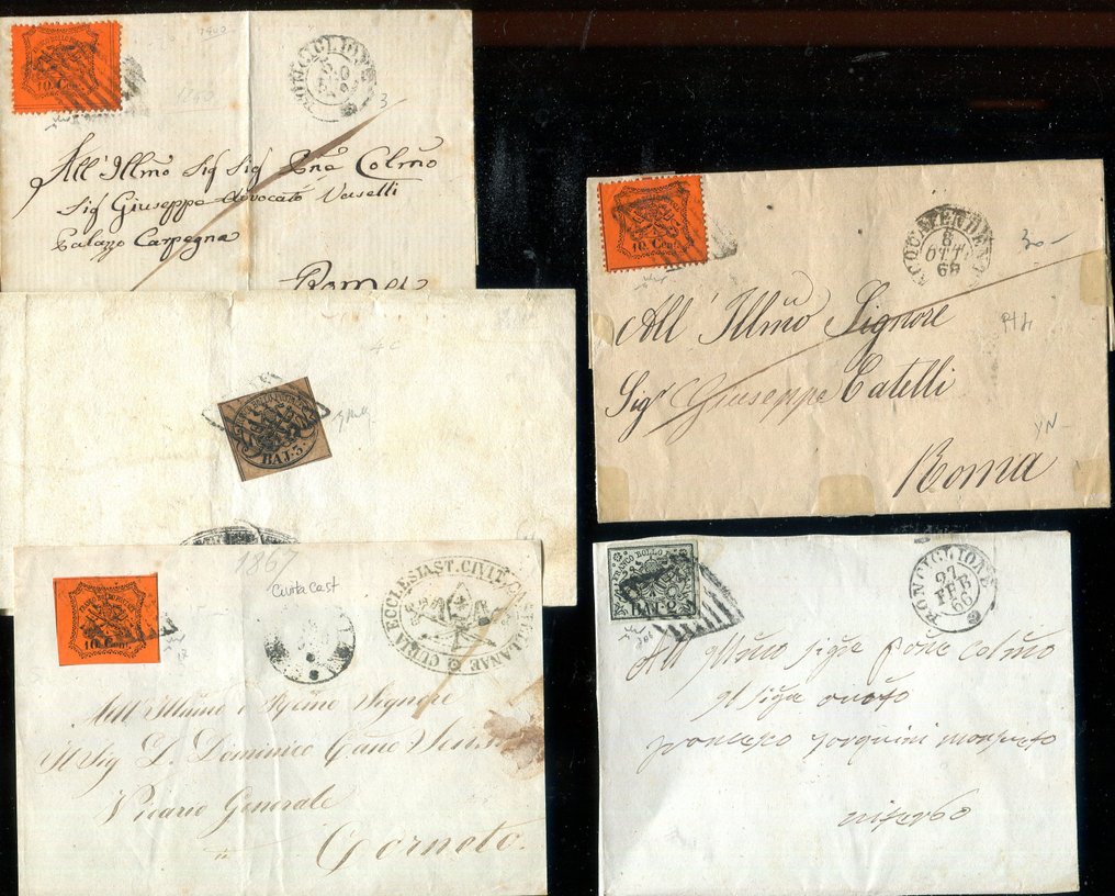 意大利古城邦-教皇国 1852/1868 - 三次发行的5份文件的简要集合 - Sassone 3Ab, 4Aa, 17, 26. #1.0