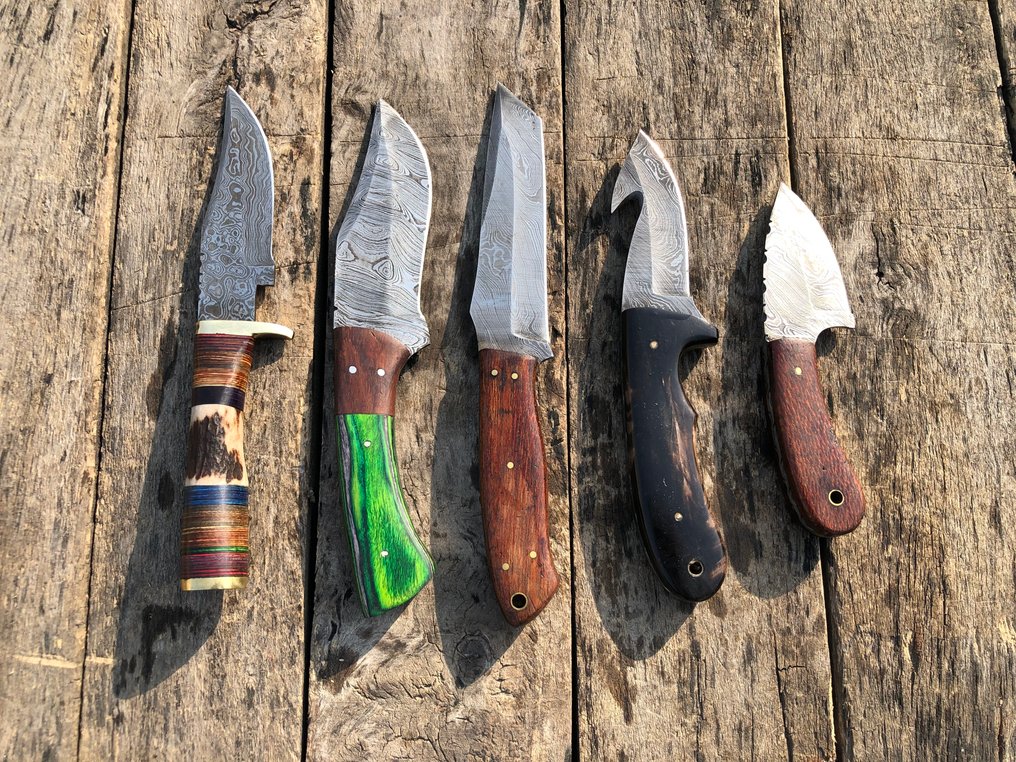 Μαχαίρι κουζίνας - Διακεκριμένα χειροποίητα μαχαίρια Skinners, σφυρηλατημένο ατσάλι, κέρατο ελάφου και σπάνιο - Βόρεια Αμερική - Δερμάτινες θήκες (A33) #1.0