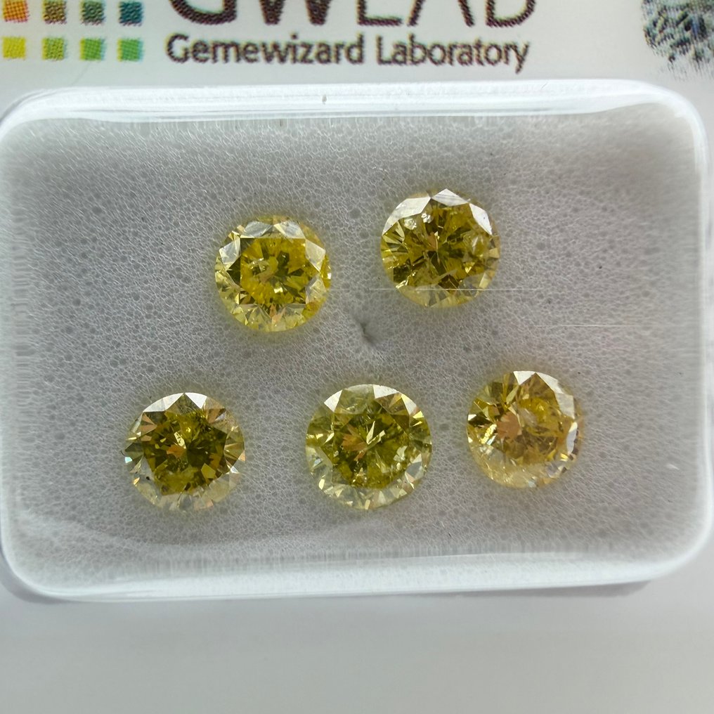 χωρίς τιμή ασφαλείας - 5 pcs Διαμάντι (Επεξεργασμένου χρώματος) - 1.11 ct - Στρογγυλό Κίτρινο - I1 - Gemewizard Gemological Laboratory (GWLab) #1.0