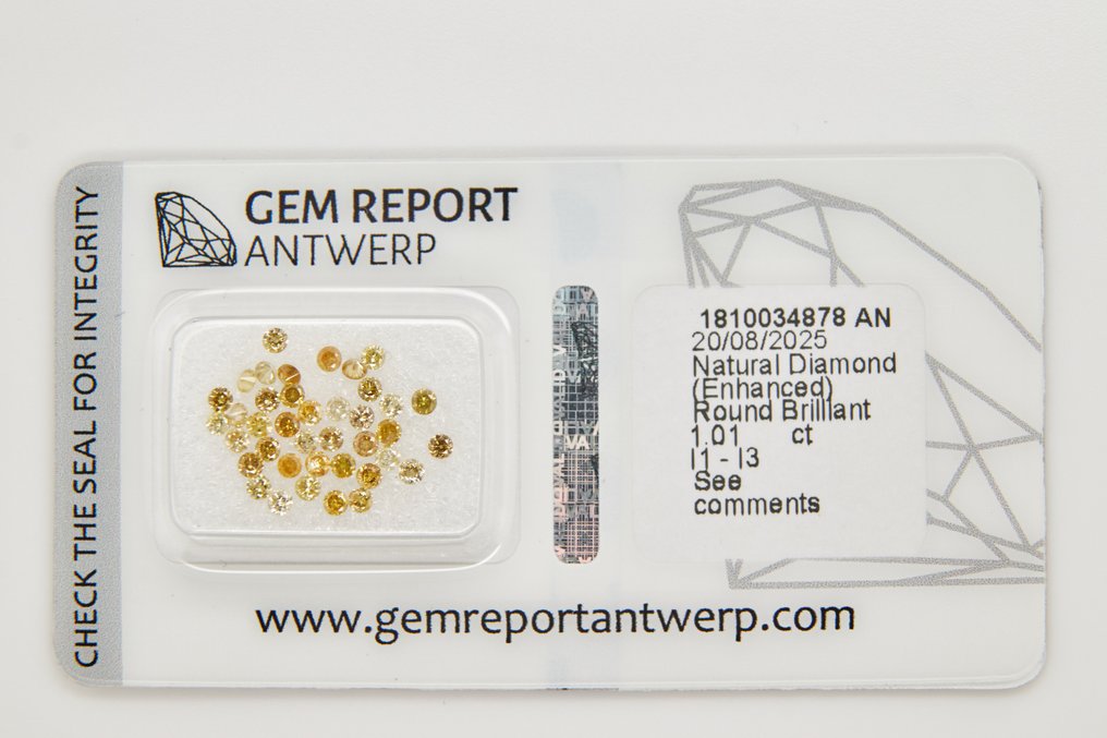 Bez ceny minimalnej
 - 39 pcs Diament  (Poddany obróbce barwy)  - 1.01 ct - okrągły - I1 (z inkluzjami), I2 (z inkluzjami), I3 - Raport gemmologiczny Antwerpia (GRA) #1.0