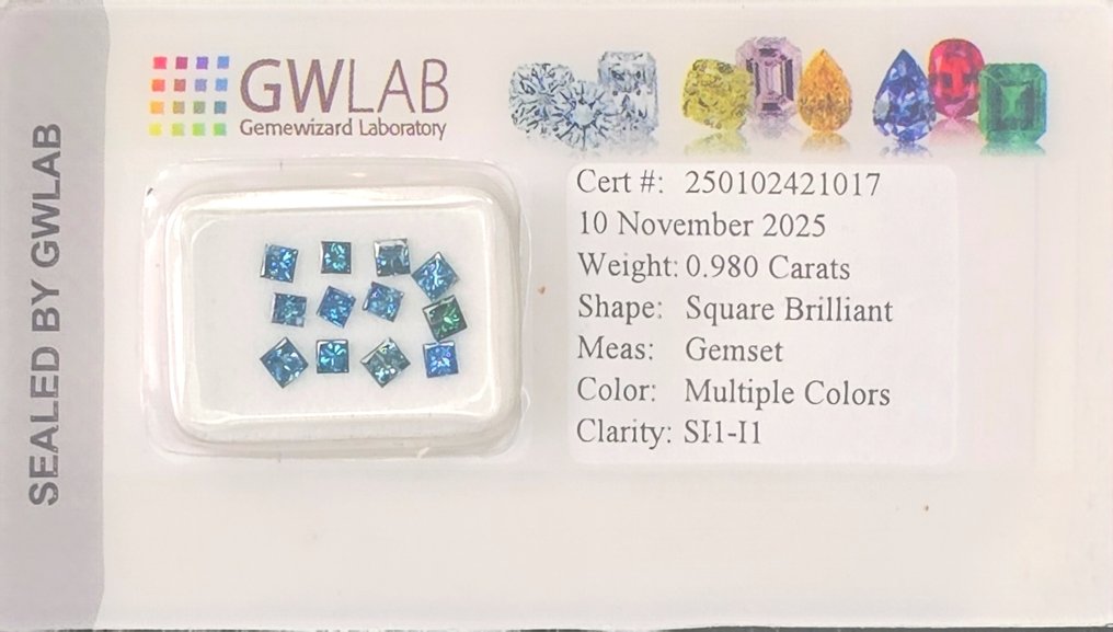 χωρίς τιμή ασφαλείας - 12 pcs Διαμάντι  (Επεξεργασμένου χρώματος)  - 0.98 ct - Τετράγωνο Μπλε, Πράσινο Μπλε, Πράσινο - SI1, I1 - Gemewizard Gemological Laboratory (GWLab) #1.0