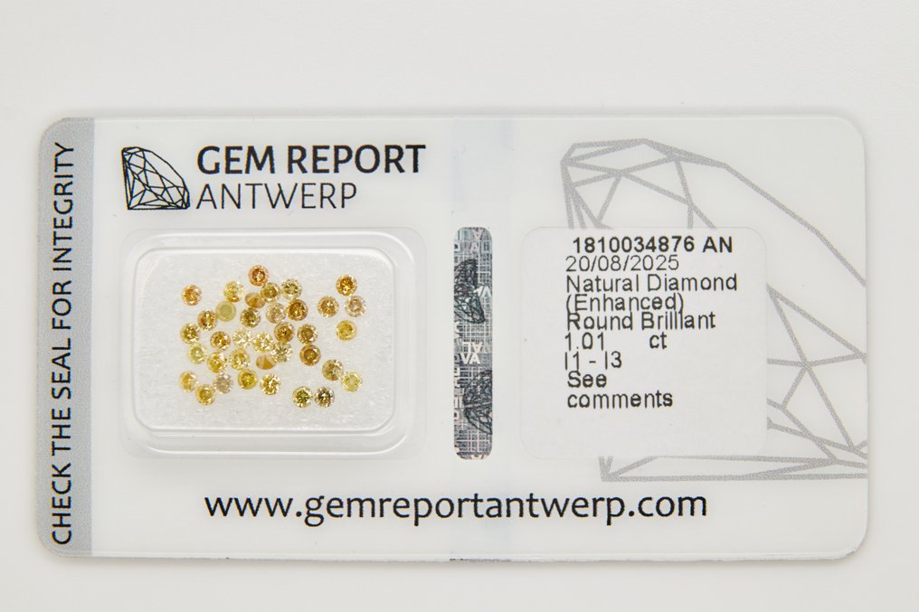 Senza Prezzo di Riserva - 38 pcs Diamante  (Con trattamento colore)  - 1.01 ct - Rotondo - I1, I2, I3 - Gem Report Antwerp (GRA) #1.0