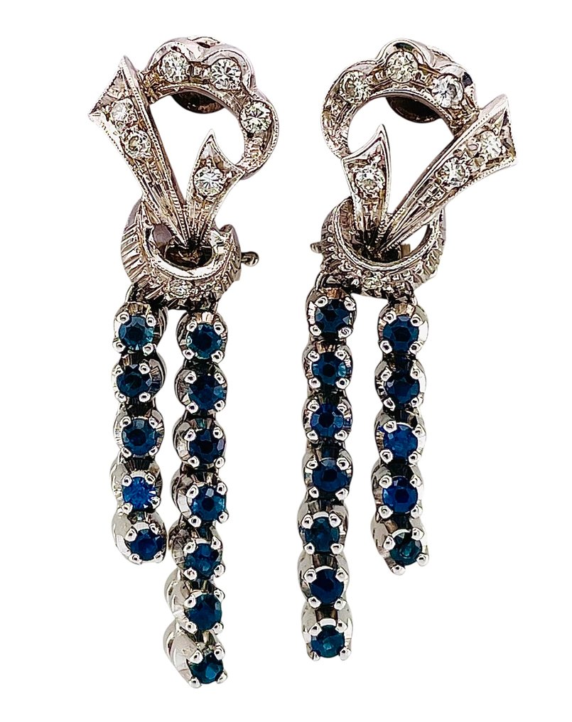 耳環 - 18 克拉 白金 鉆石 (天然) - 藍寶石 #1.0