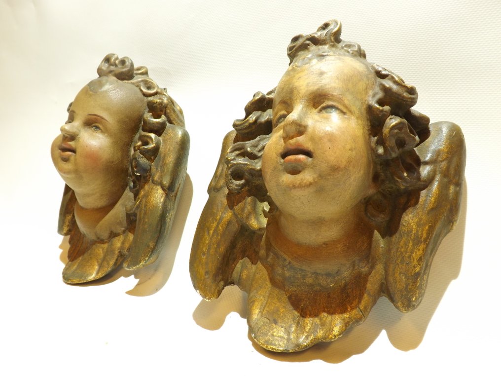 雕塑, Beautiful matching pair of antique cherub heads - 17 cm - 石膏 #1.0