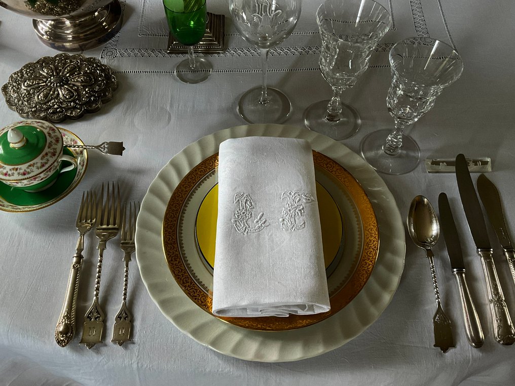 6 tovaglioli di lino damascato dell'inizio del XX secolo con iniziali L.F. - Tovagliolo - 63 cm - 80 cm #1.0