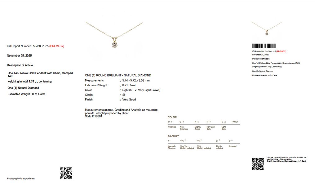 没有保留价 - 吊坠项链 - 14K包金 黄金 -  0.71ct. tw. 钻石 (天然色彩的) - IGI #2.1