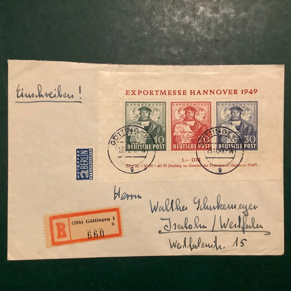 Allied Occupation - Germany (American and british zone) 1949 - Export fair block on correct tariff letter with photo report from Schlegel. - Michel blok 1a #2.1