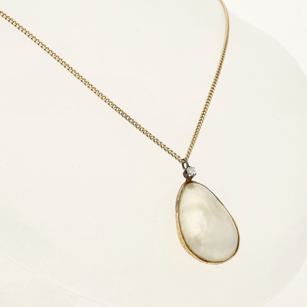 Collier avec pendentif - 18 carats Or jaune - Perle - Diamant; taillé en rose #1.0