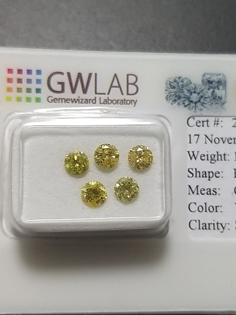 No Reserve Price - 5 pcs Diamond  (Colour-treated)  - 1.09 ct - Round Yellow - I1, SI3 - Gemewizard Gemological Laboratory (GWLab) #1.0