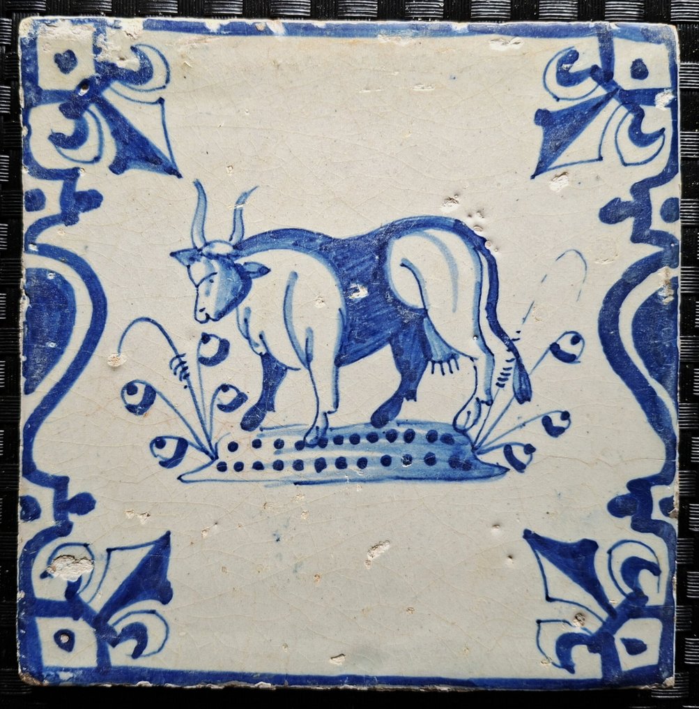  Cserép - Ókori Delfti kék csempe tehénnel. - 1600-1650  #2.1