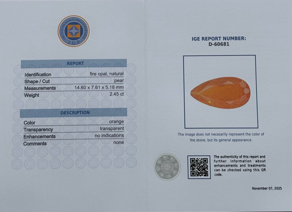 1 pcs  橙色 火蛋白石  - 2.45 ct - 西班牙宝石学院（IGE） #2.1