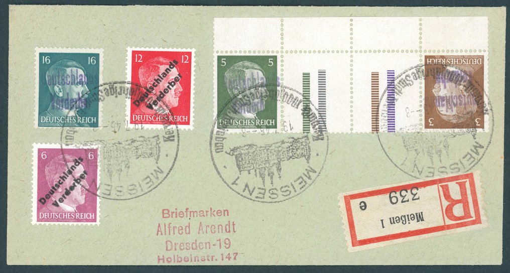 Editiile locale germane 1945 - Imprimare combinată Kehr 3+Z+Z+5 Pf Hitler cu supratipărire pe scrisoare R poștabilă către Dresda #1.0