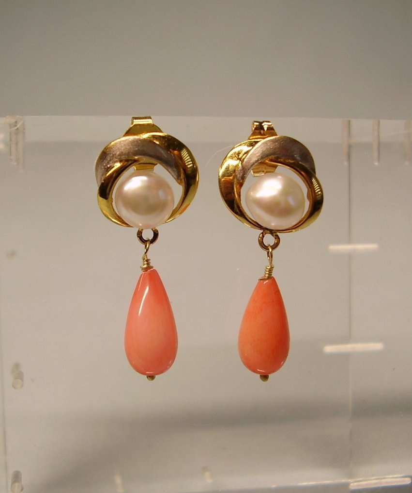 No Reserve Price - Earrings - 14 kt. Yellow gold -  9.80ct. tw. Coral - Pearl - Goldsmith craftsmanship #3.2