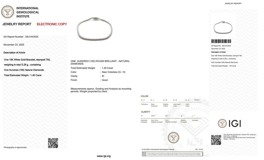 Βραχιόλι τένις - 18 καράτια Λευκός χρυσός -  1.40ct. tw. Διαμάντι (Φυσικό) - YKJ0004 #1.0