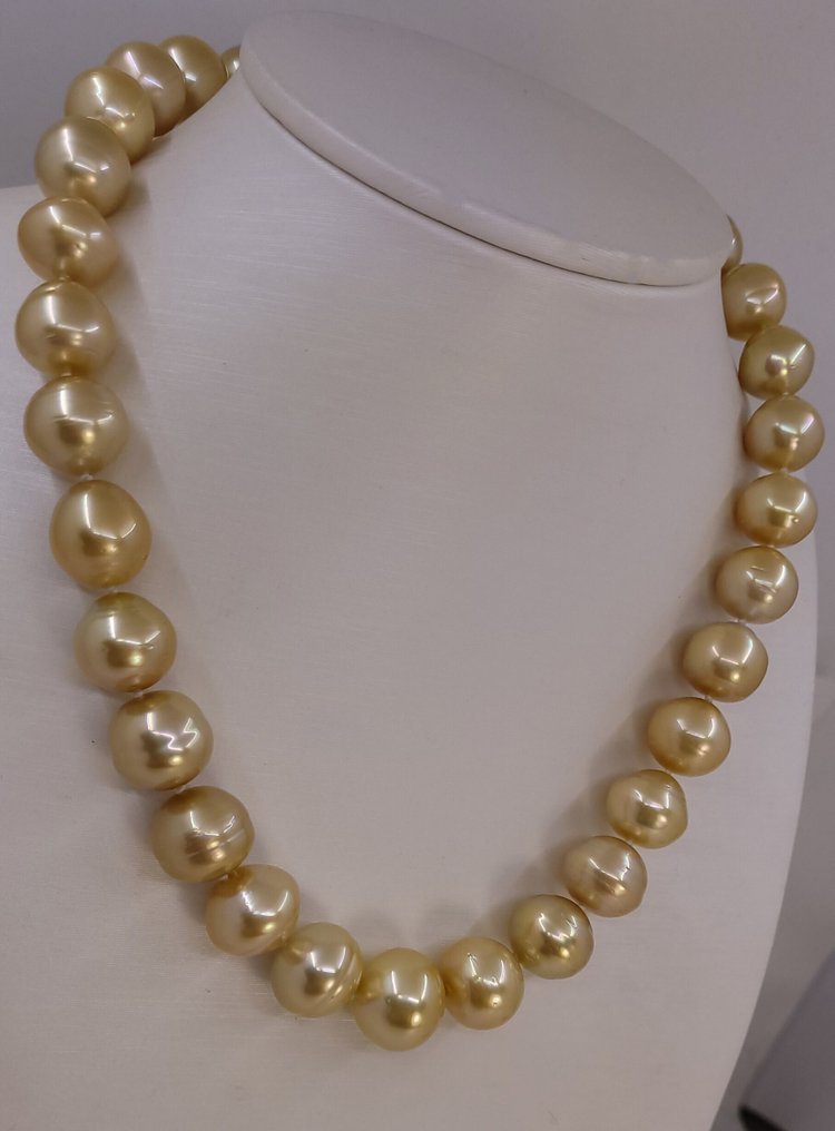 頸鏈 - 14 克拉 黃金, PSL 认证12.0x15.5毫米黄金南洋珍珠 #1.0