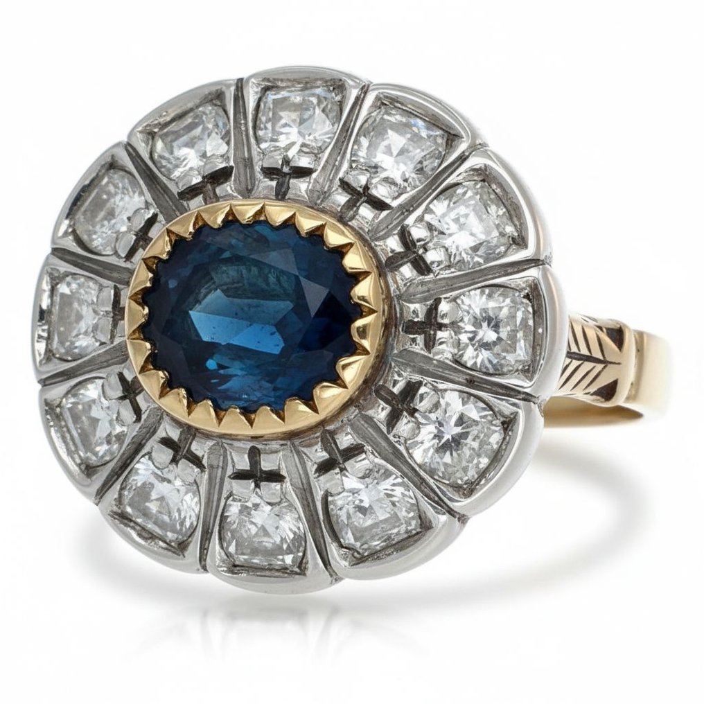 戒指 - 18 克拉 黃金, 銀 - 2.04ct. tw. 藍寶石 - 鉆石 #2.1
