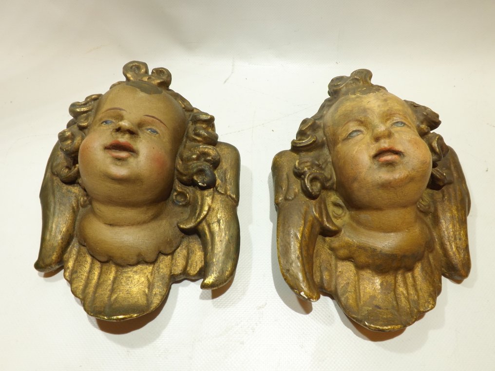 雕塑, Beautiful matching pair of antique cherub heads - 17 cm - 石膏 #3.2